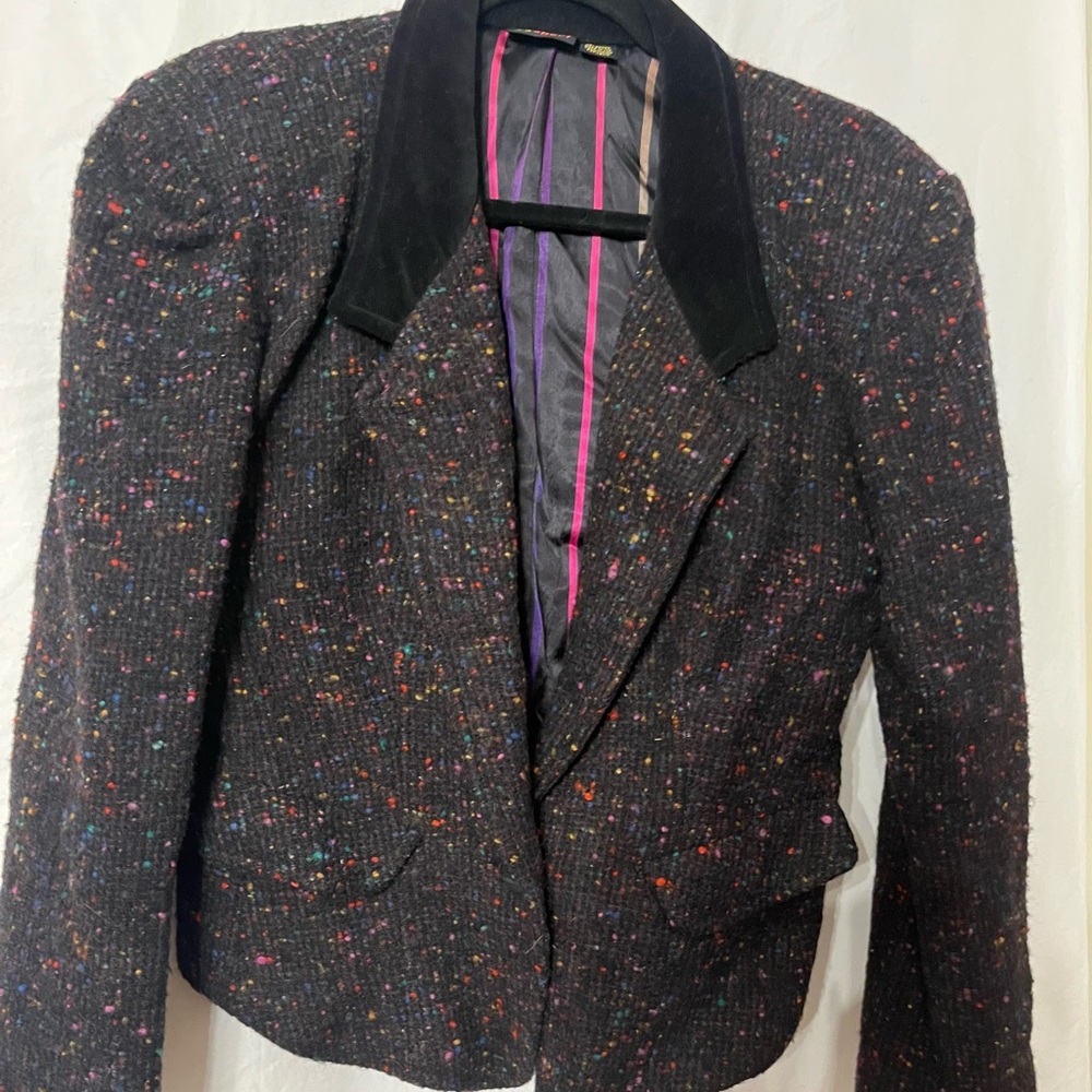 Multi-colored Tweed Vintage Blazer with Black Collar SZ 8